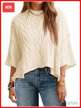 Cable Knit Cropped Sweater Oversized 3/4 Sleeve Pullover